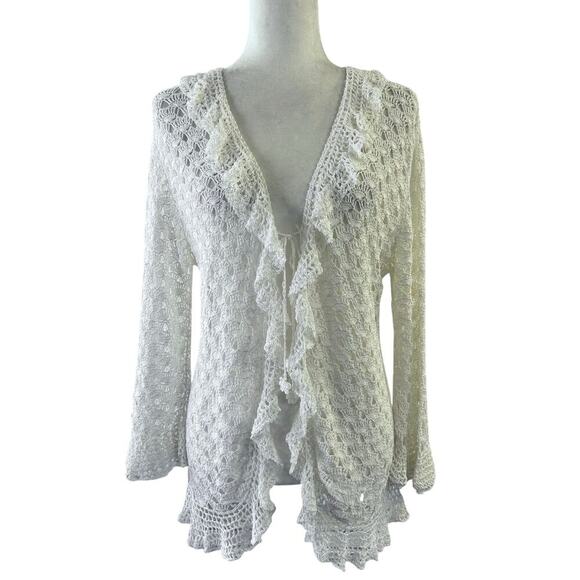 Y2K Coquette Cottagecore 3 Sisters Crochet Open Knit Ruffled Cardigan White LG - Picture 1 of 8